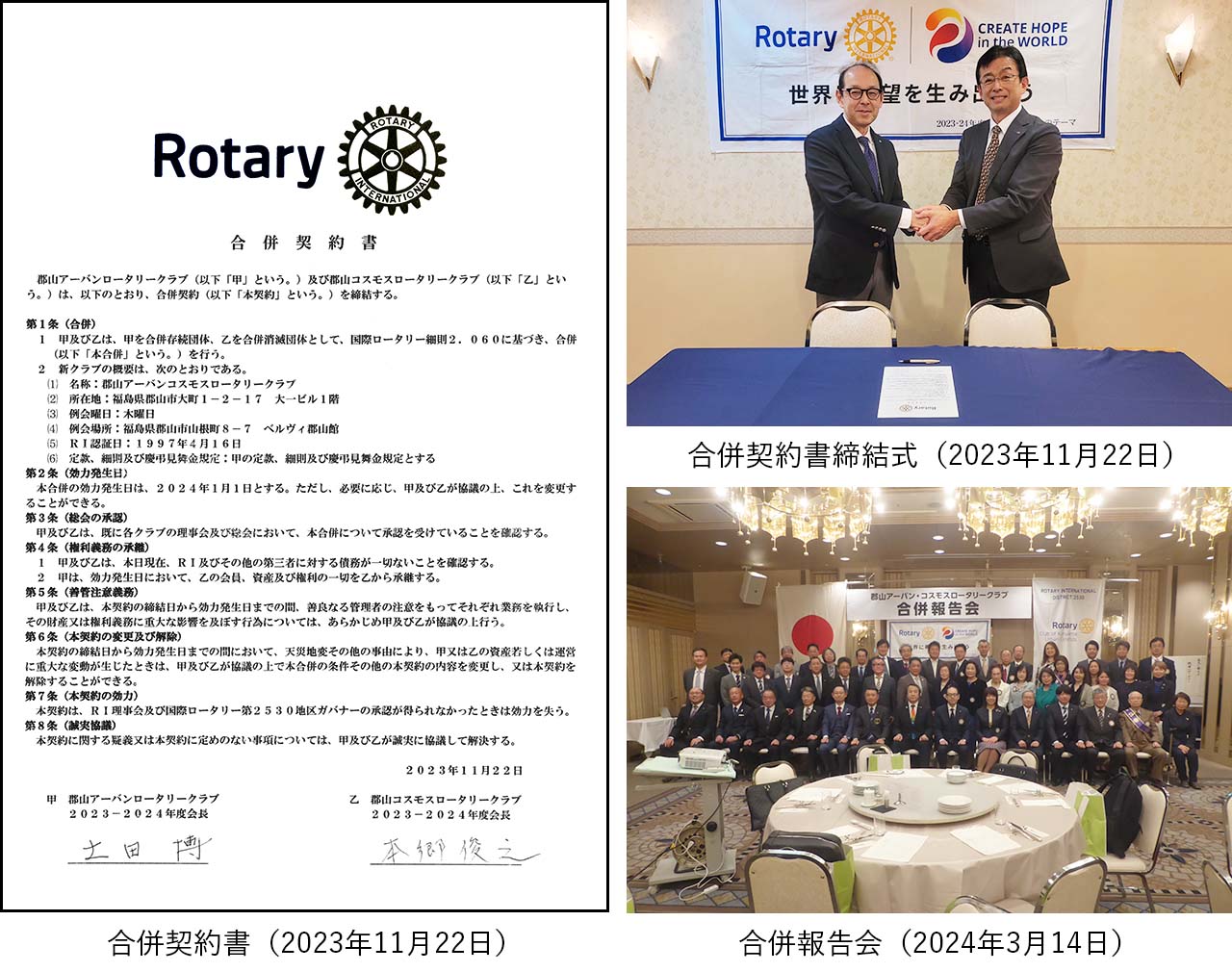 郡山アーバンコスモスロータリークラブ 合併契約書（郡山アーバンRC・土田博会長/郡山コスモスRC・本郷俊之会長） 合併契約書締結式 合併報告会の画像コラージュ